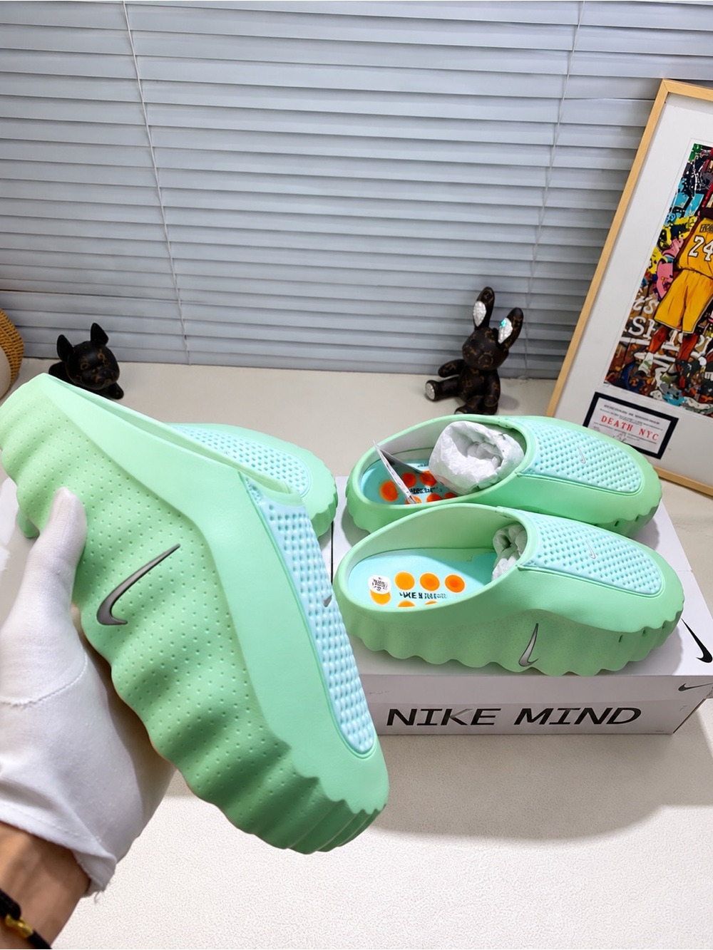 Nike Mint Green Slip-On Clogs with Silver Swoosh